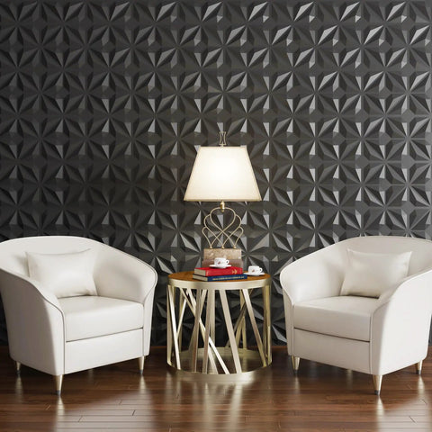Decorative 3D Wall Panels Black PVC 12x12 Inch Tiles, Pack Of 33 Covers 32 Sq Ft Textured Dope Interlocking Wall Art