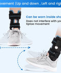 Gel Foam Ankle Stabilizer Brace With Adjustable Rigid Stirrup For Sprains And Tendonitis Relief shown worn on right foot in sneaker