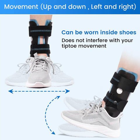 Gel Foam Ankle Stabilizer Brace With Adjustable Rigid Stirrup For Sprains And Tendonitis Relief shown worn on right foot in sneaker