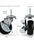 Heavy Duty Casters Set Of 4 With 1/4-20 Thread For Wire Shelving Racks Carts And Furniture, Includes Optional Adapters 5/16-18 3/8-16 M8 M10, Dual Locking 2-Inch Swivel Wheels For Secure Positioning And Smooth Mobility, side view showing dimensions and adapters.