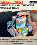 Woman using Handle And Haul Two Handle Moving Straps With Cam Buckle Adjustable System for carrying bulky paper towel packs