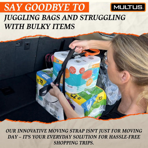 Woman using Handle And Haul Two Handle Moving Straps With Cam Buckle Adjustable System for carrying bulky paper towel packs