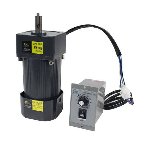 Powerhouse 120W Adjustable Gear Reducer Motor 110V Single Phase CW CCW Geared Motor With Speed Controller next to wiring