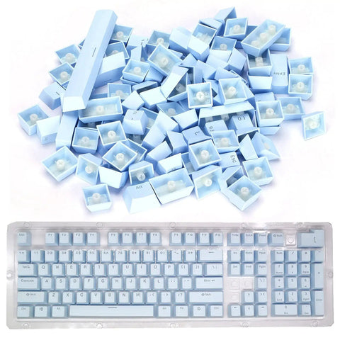 Premium PBT Keycaps With Dope Colorway And Ergonomic Arc Fit Smooth Typing Feel Hella Durable Oil Resistant Texture Perfect 108 Keys Layout For Gaming Rigs And Productivity Workstations In Light Blue Finish arranged on a clear keyboard.