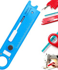4 In 1 Needle Threader For Sewing Machines, Quick No-Fuss Threading With V-Shaped Guide Sleeve, Magnetic Positioning For Easy, Safer Fabric Projects, Labor-Saving Accessory, Blue shown with ruler and sewing machine