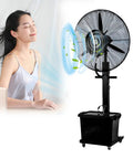 Heavy Duty Standing Mist Fan With Rock Solid Build Delivering Poppin Airflow And Smooth Misting features a woman enjoying airflow.
