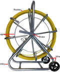 Workhorse Half Inch 1000 Foot Fiberglass Duct Rodder Kit with aluminum cage stand, wheels, and tips, front view of assembled kit.