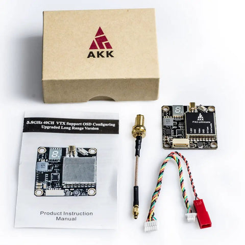 5.8GHz FPV VTX with MMCX support, manual, cables, and box packaging