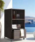 Outdoor Pool Towel Storage Cabinet Organizer With Cover Wicker Towel Valet Rack On Wheels Shelves And Drawer Poolside Caddy Brown