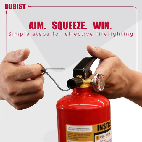 Person demonstrating usage of ABC Fire Extinguisher For Home And Vehicle, Two And A Half Pound Compact Fire Extinguisher For Kitchen, Garage, Truck, Car, Boat, Pro Safety Grade, Red Two Pack with pin removal and nozzle aiming.
