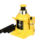 Yellow Jacket 20-ton low-profile bottle jack; welded hydraulic design with black handle tubes