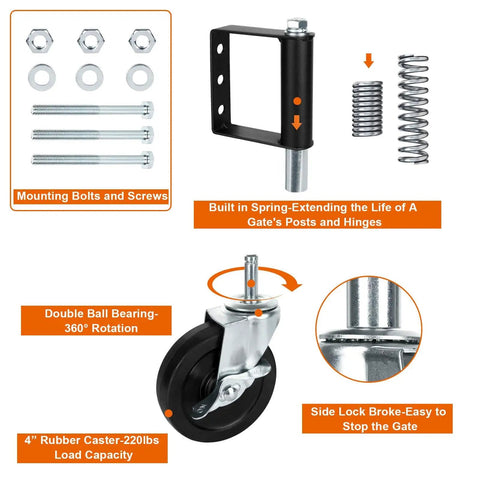 Heavy Duty Gate Caster Wheel Set 4 Inch Spring Loaded Swivel Gate Wheels With Universal Mount Plate Fits Wood Or Metal Gates 360 Degree Wheel 220 To 500 Lb Load Capacity Black 2 Pack, showing parts and springs