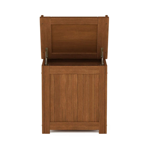 Front view of Outdoor Hardwood Storage Box With Slatted Vent Design For Drainage Raised Base Keeps Contents Dry Weather Resistant Porch Chest