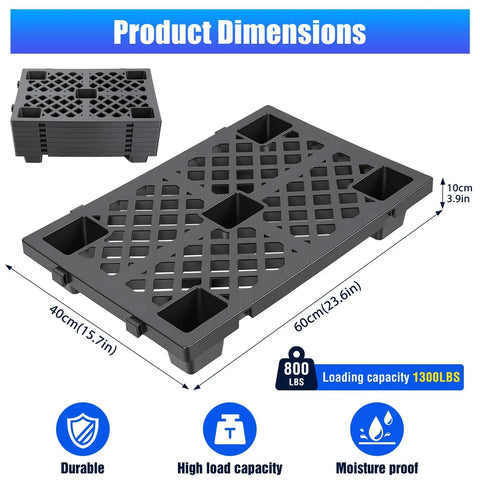 Eight Pack Plastic Pallets For Storage With Ventilated Raised Grid Surface Stackable Interlocking Floor Pallets For Basement Garage Warehouse Pantry Indoor Outdoor Use Black, shown with dimensions.