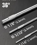 Aluminum Tig Welding Rod 3/32 In, 36 Inch Length, AWS A5.10 ER4043 diameter details on a dark surface.