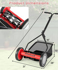 Red 14 Inch 5 Blade Push Reel Mower With Removable Grass Catcher For Small To Medium Yards Durable Steel Blades Clean Cuts Easy Maneuver Quiet Eco Friendly Lawn Care dimensions with catcher and handle