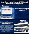 Close-up of digital display and thickened aluminum heating plate on 20x24 Inch Dual Platen Heat Press With Auto Lift For Bulk Sublimation Transfers, Pro Grade Large Format Machine For Shirts, Bags, Mugs And Textiles, Pneumatic AIRTAC System, 110V 4HP Model PUD2024.