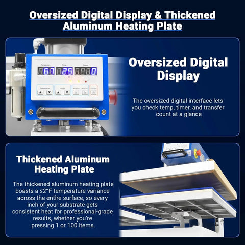 Close-up of digital display and thickened aluminum heating plate on 20x24 Inch Dual Platen Heat Press With Auto Lift For Bulk Sublimation Transfers, Pro Grade Large Format Machine For Shirts, Bags, Mugs And Textiles, Pneumatic AIRTAC System, 110V 4HP Model PUD2024.