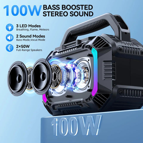 Beast 100W Bluetooth Outdoor Speaker With IPX7 Waterproof Floatable Design displaying LED and speaker components