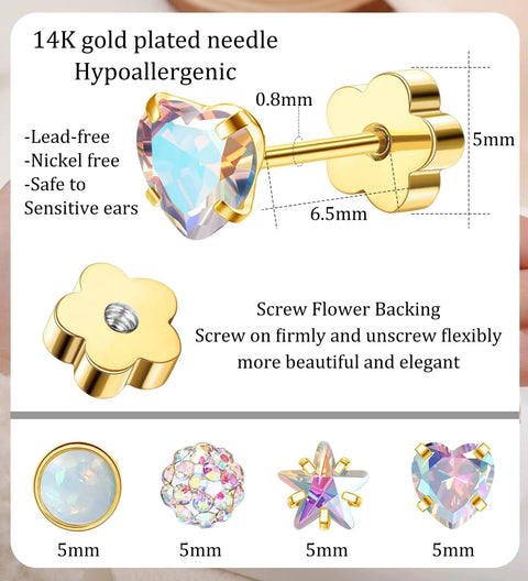 4 Pairs Screw Back Stud Earrings Set For Women Hypoallergenic 316L Stainless Steel And 14K Gold Blend 20G Flat Back Earrings Opal Heart Star Crystal Ball Cartilage Jewelry Pack Dope Everyday Accessory. 5mm heart stud with screw back, 0.8mm post