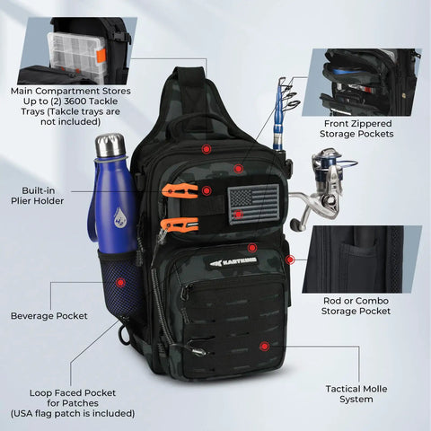 BlowBak Tactical Sling Tackle Bag Lightweight Fishing Backpack with pockets and rod holders, 600D fabric, for outdoor adventures