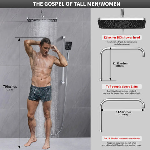 Man enjoying Dope Spa Like Rain Shower Kit With Handheld 12 Inch Square Rain Head With 14 Inch Extension Arm waterfall style in bathroom.
