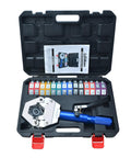 Hydraulic AC Hose Crimper Kit With 7 Die Set Manual Handheld Tool For Auto AC Line Repair Includes 6 8 10 12 Size Dies And Reduced Barrier Hose Dies For Secure AC Hose Connections in a black carrying case.