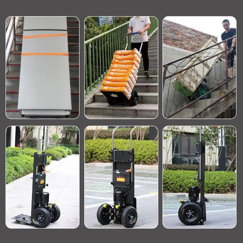 Power Up Your Moves With This Epic Electric Stair Climber Cart That Crushes Heavy Loads Like A Boss navigating stairs with bags.