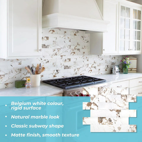 Kitchen with 10 Sheet Subway Tile Peel And Stick Backsplash Kit in Star White Marble and Light Grey Dolomite