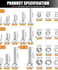 Product specification chart for 312 Piece Hex Bolts And Nuts Kit In 304 Stainless Steel with various sizes from 1/4-20 to 1/2-13.