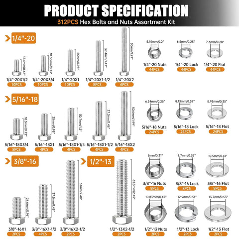 Product specification chart for 312 Piece Hex Bolts And Nuts Kit In 304 Stainless Steel with various sizes from 1/4-20 to 1/2-13.