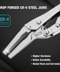 Close-up of long nose locking pliers with wire cutter, built tough chrome vanadium construction, showcasing CR-V steel jaws.