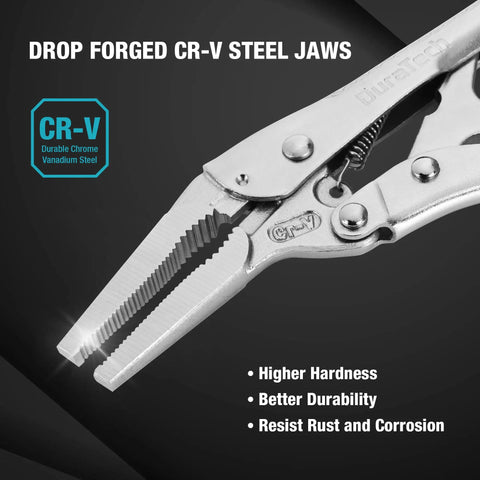 Close-up of long nose locking pliers with wire cutter, built tough chrome vanadium construction, showcasing CR-V steel jaws.