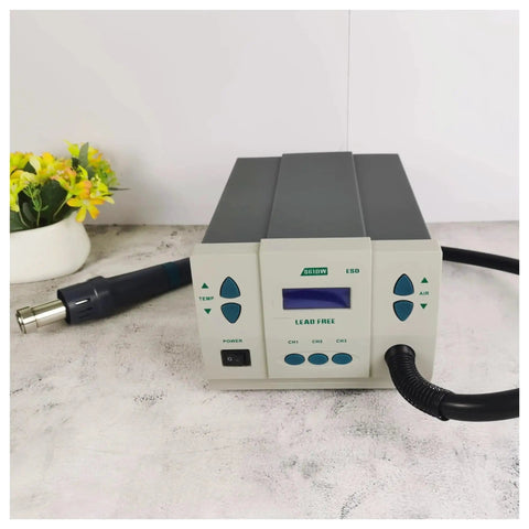 Powerful Pro-Grade 1000W Soldering And Hot Air Rework Station With Digital Temperature Display on a workbench.