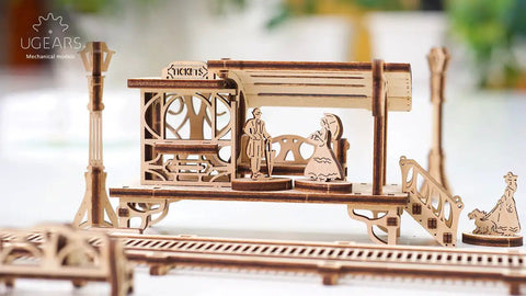 Hands-On Mechanical Tram Line Wooden Model Kit From Town Series, 3D Puzzle Assembly With Realistic Details, Laser-Cut Plywood Build For DIYers, Great Gift For Techies And Craft Fans. laser-cut plywood tram station model with figures