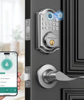 Slick Fingerprint Keyless Entry Door Lock With Sturdy Lever Handle Set In Brushed Nickel Finish, smartphone control and fast fingerprint scan.