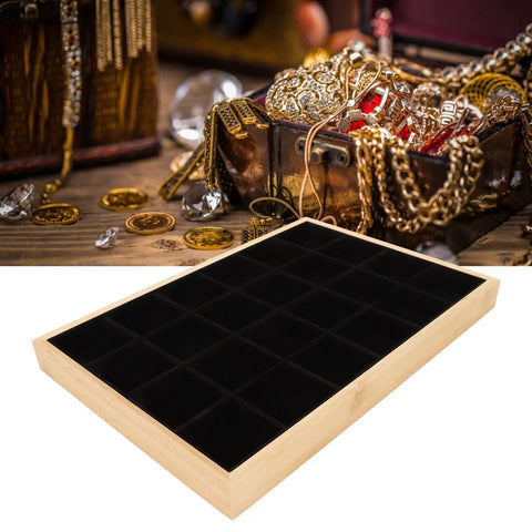 Dope Black Wooden Jewelry Tray With 24 Soft Padded Slots For Rings Bracelets Bangles And Chains Scratch Resistant Storage Holder Box with soft black interior