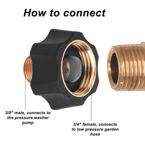 Garden Hose To Pressure Washer Adapter Three Quarter Inch Female To Three Eighth Inch Male Inlet Fitting Quick Connect with labels