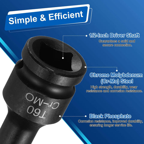 One Half Inch Drive Torx T60 Bit Socket For Impact Tools 6 Point Star Socket Chrome Molybdenum Steel With Cotter Pin And O Ring