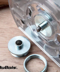 Hella Versatile 10 Piece Router Template Guide Bushing Set With Molded Carry Case showing metal bushings and router part.