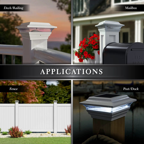 Applications for Imperial Solar Post Cap For 4x4 Posts White With High Output LED Lights on deck, mailbox, fence, dock post