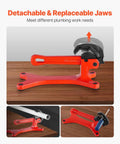 Front view of Portable Aluminum Pipe Vise for Onsite Plumbing Jobs with detachable jaws, 1/8 to 1-1/2 inch capacity
