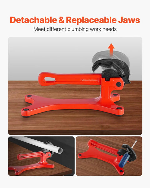 Front view of Portable Aluminum Pipe Vise for Onsite Plumbing Jobs with detachable jaws, 1/8 to 1-1/2 inch capacity