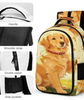 Happy Golden Retriever Printed Backpack with shoulder strap, handle, double zipper, and side pockets