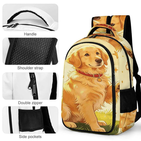 Happy Golden Retriever Printed Backpack with shoulder strap, handle, double zipper, and side pockets