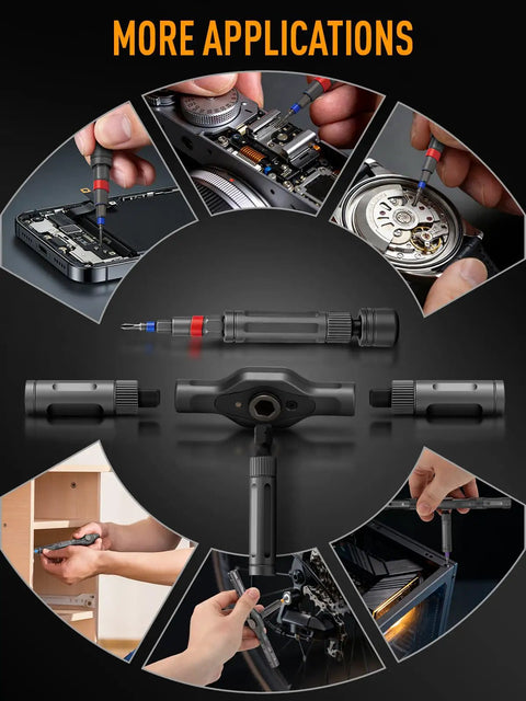 68 In 1 Pro Grade Ratcheting Screwdriver Set With 58 Tooth T Handle Magnetic Pickup Pad 42 S2 Steel Bits in use for electronics and furniture repair