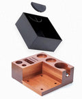 Tough 58Mm Espresso Knock Box And Dual Tamp Station Premium Stainless Steel Barista Workstation Adjustable Base showing the black knock box and wooden base.