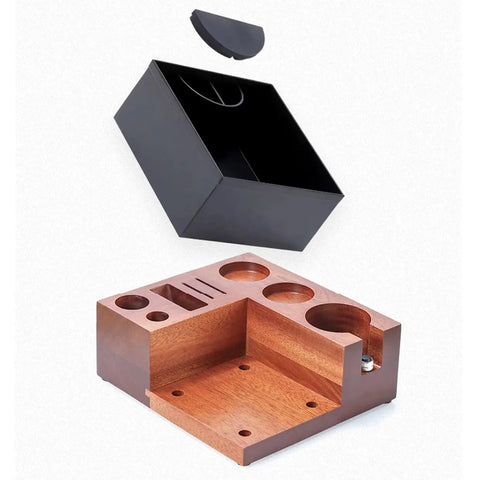 Tough 58Mm Espresso Knock Box And Dual Tamp Station Premium Stainless Steel Barista Workstation Adjustable Base showing the black knock box and wooden base.