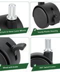 Quick Fix Snap Replace Casters For Sterilite 3 Drawer Cart showing M8 push-in stem, brake wheel, sturdy plastic housing, and 360° swivel feature.