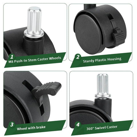 Quick Fix Snap Replace Casters For Sterilite 3 Drawer Cart showing M8 push-in stem, brake wheel, sturdy plastic housing, and 360° swivel feature.